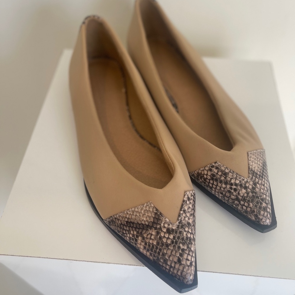ASOS DESIGN Wide Fit Legend pointed toe cap ballet flats in beige snake